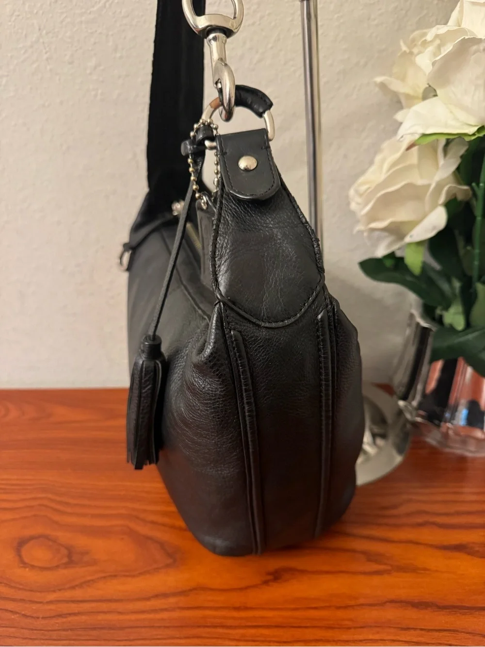 Coach Black Pebbled Leather Hobo Shoulder Bag with Tassel